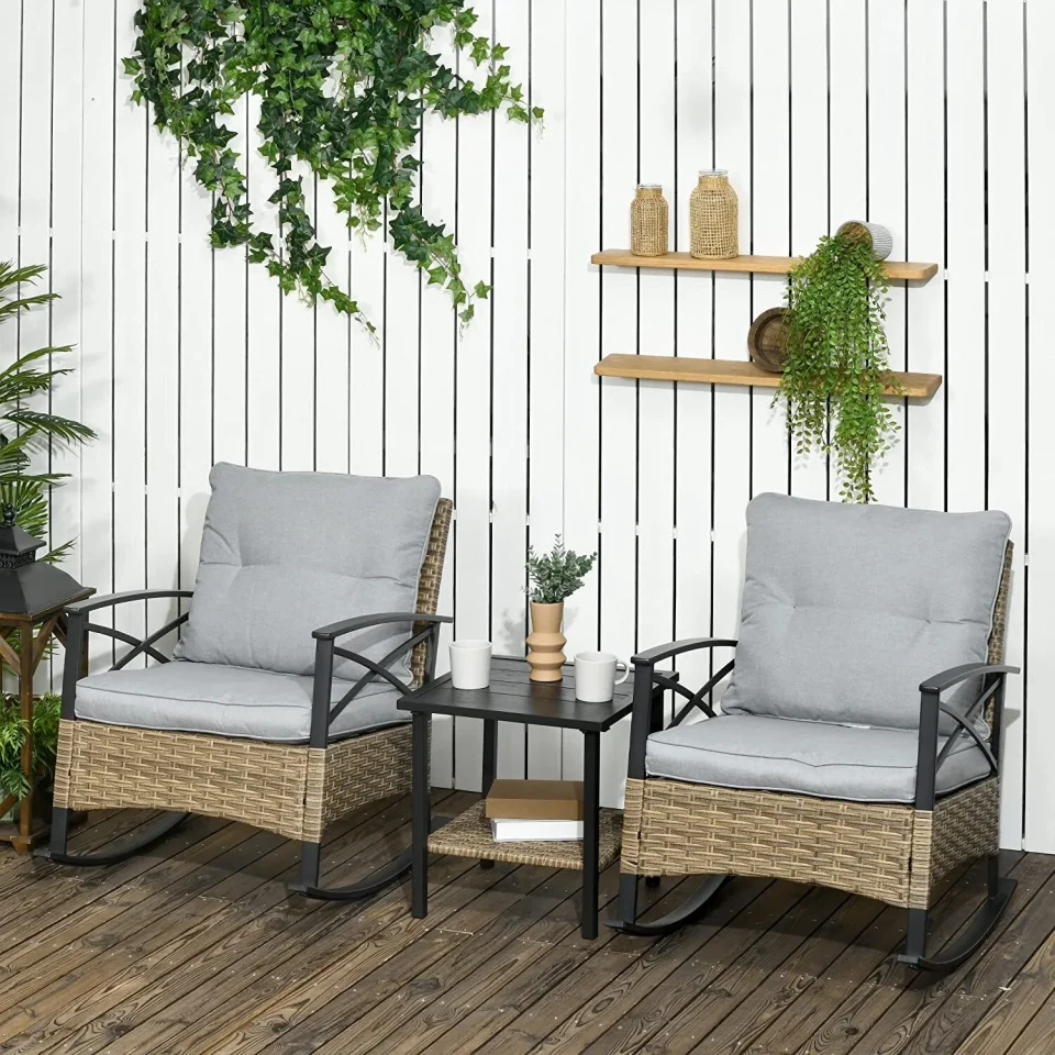 Best-Selling Patio Furniture Set, Patio Outdoor Rocking Chairs Set, Wicker Patio Conversation Chairs and Coffe Table with 4 Cushions for Porch, Yard, Lawn, Poolside, Balcony, 3Pcs, Gray