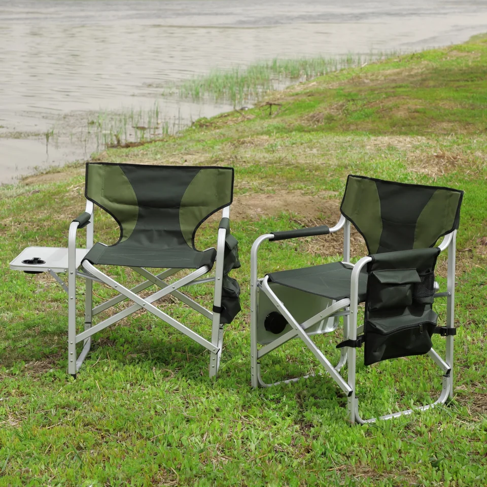 Portable 2-piece Padded Folding Outdoor Chair with Side Table and Storage Pockets,Lightweight Oversized Directors Chair for indoor, Outdoor Camping, Picnics and Fishing,Green