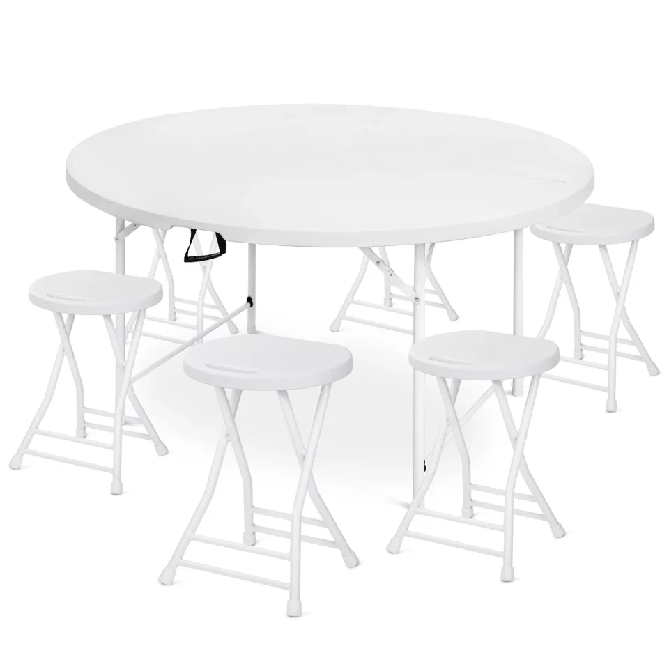 Popular MoNiBloom 7 Pieces 5 FT Folding White Round Table and Chair Set, Banquet Event Wedding Card Desk with Handle and Foldable Stools