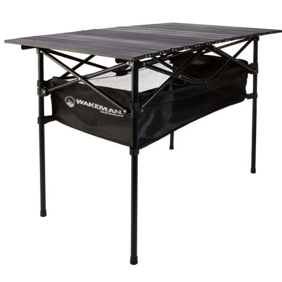 Upgraded Wakeman Outdoors Camping Table with Storage Shelf and Carrying Bag, Black