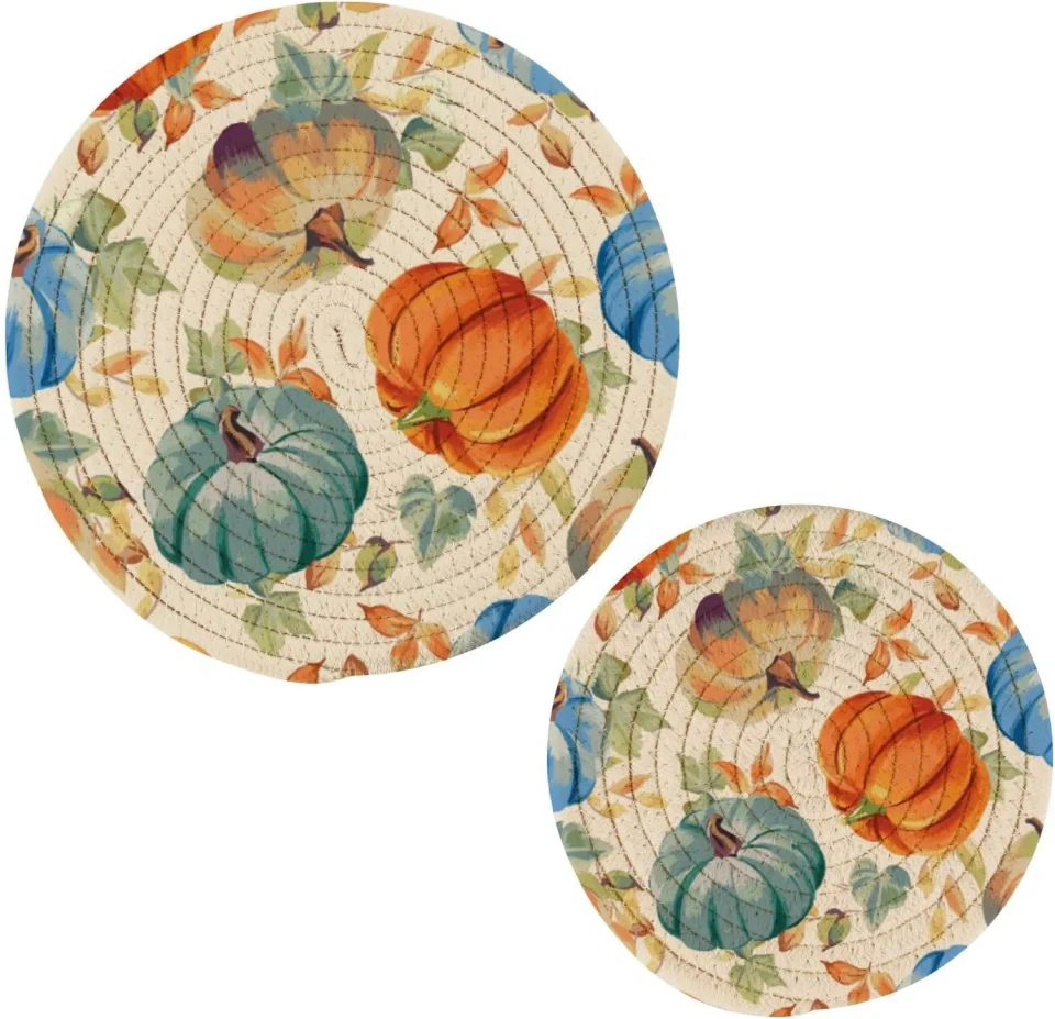 Pure Bestwell Fall Pumpkin Pot Holder Set of 2, Pure Cotton Heat Resistant Wear-Resistant and Non-Slip Stylish Round Pot Holder for Daily Kitchen,Dining Table,Office,Cafe, Restaurant,BBQ
