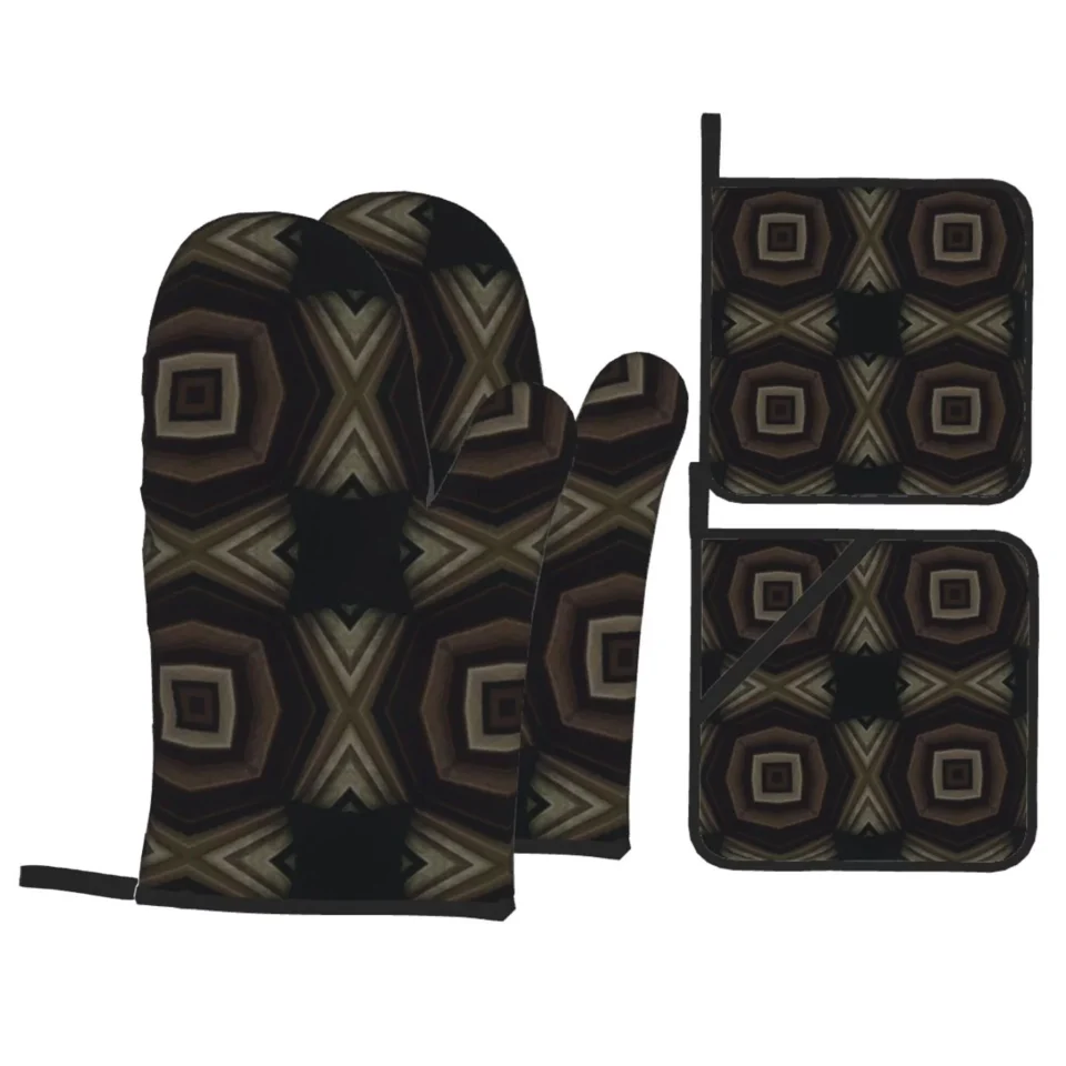 Ceramic Glass YFYANG Oven Mitts and Pot Holders Sets 4 Pieces, Non-Slip Heat Resistant Black Geometric Pattern Kitchen Glove Pot Mat for Cooking and Baking