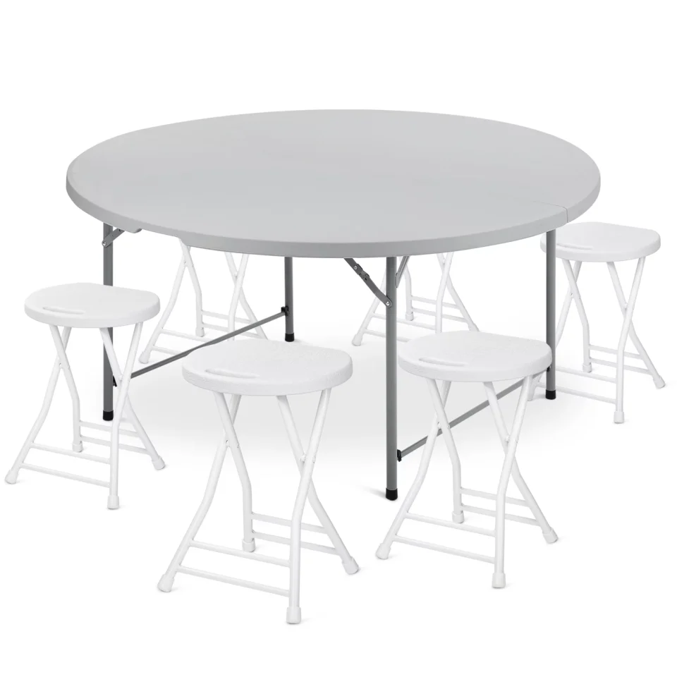 Storage Magshion 7 Pieces 5 FT Folding Round Table and Chair Set, Event Card Desk with Handle and Foldable Stools with Steel Frame, Grey/White