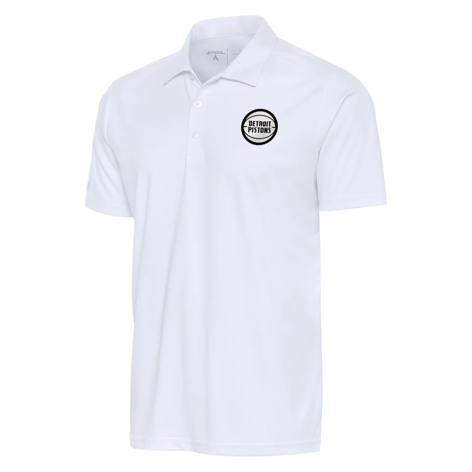 Prime Ceramic Men's Antigua White Detroit Pistons Metallic Logo Tribute Polo