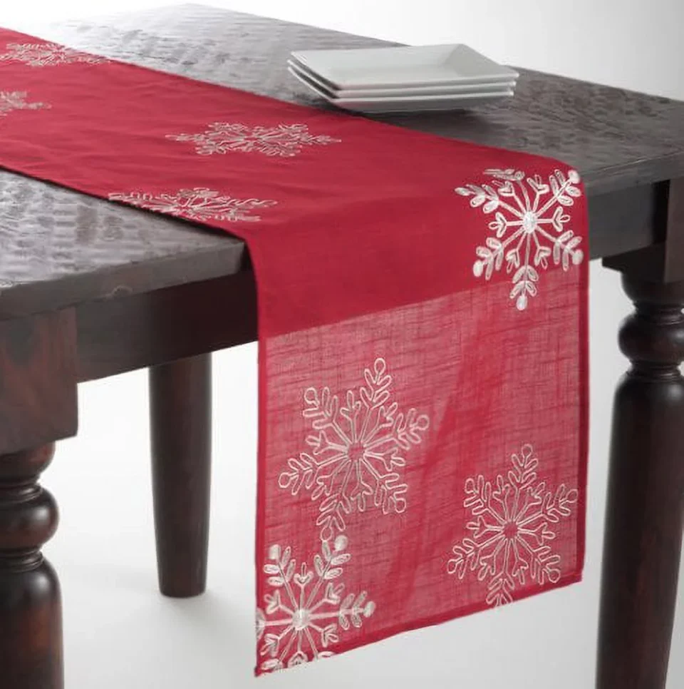 Portable Embroidered White Snowflake Holiday Christmas Red Table Runner. 16x70 Rectangular. One Piece.