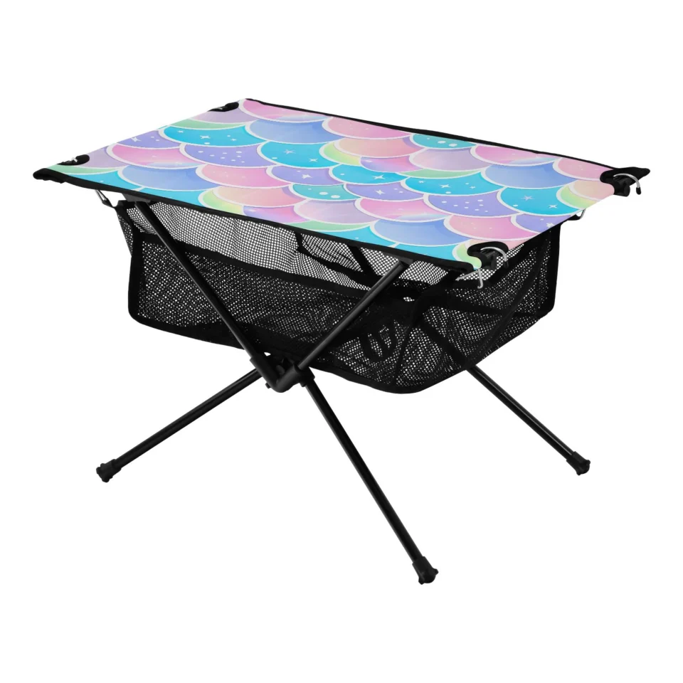 Travel Multi-Purpose Mermaid Scales Camping Folding Table Portable Beach Table with Storage Bag Compact Picnic Table for Outdoor Travel Fishing BBQ