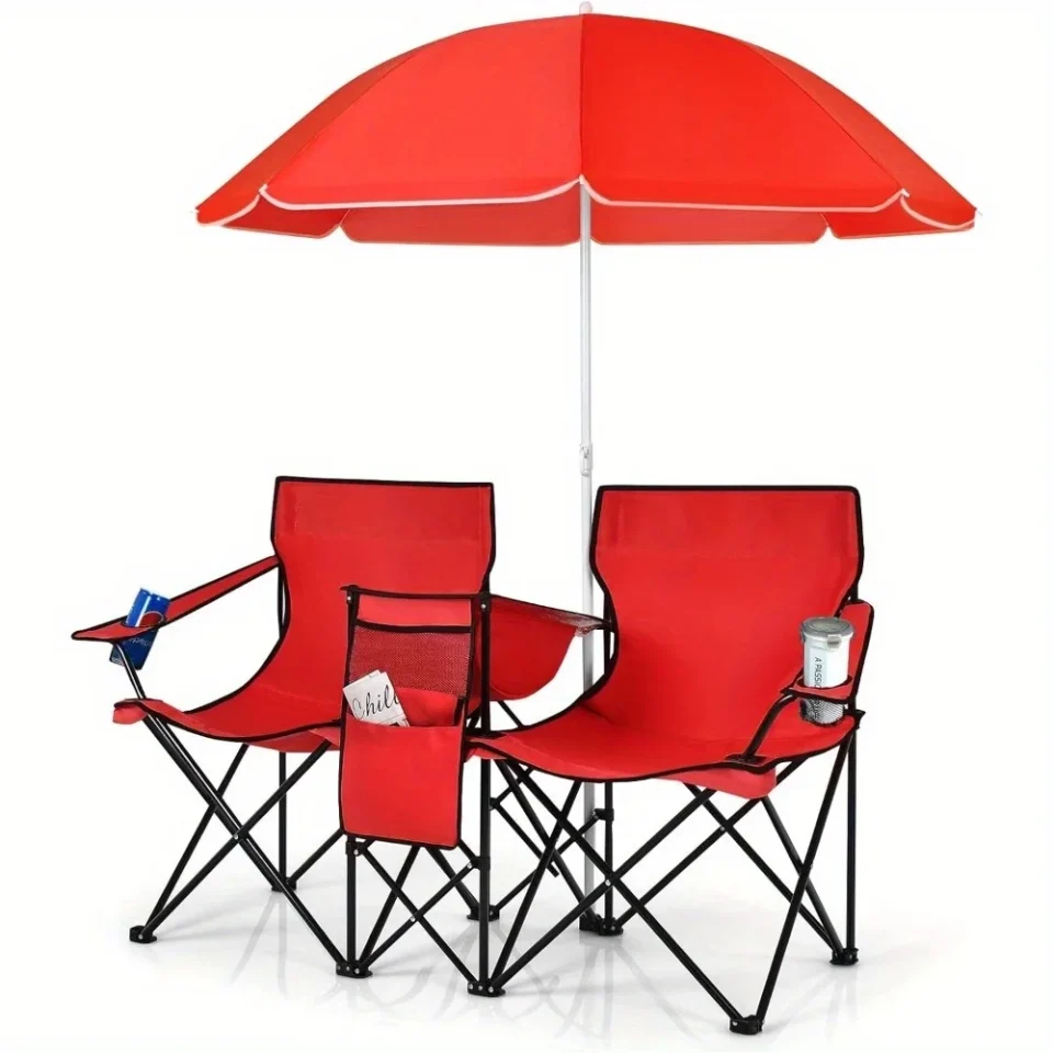 Space-Saving 1 Set 2-Person Double Camping Chair With Canopy Shade, Foldable Beach Chair Set With Table Beverage Holder & Storage Bag, Portable Red Rocking Chair For Outdoor, Camping, Beach, Picnic