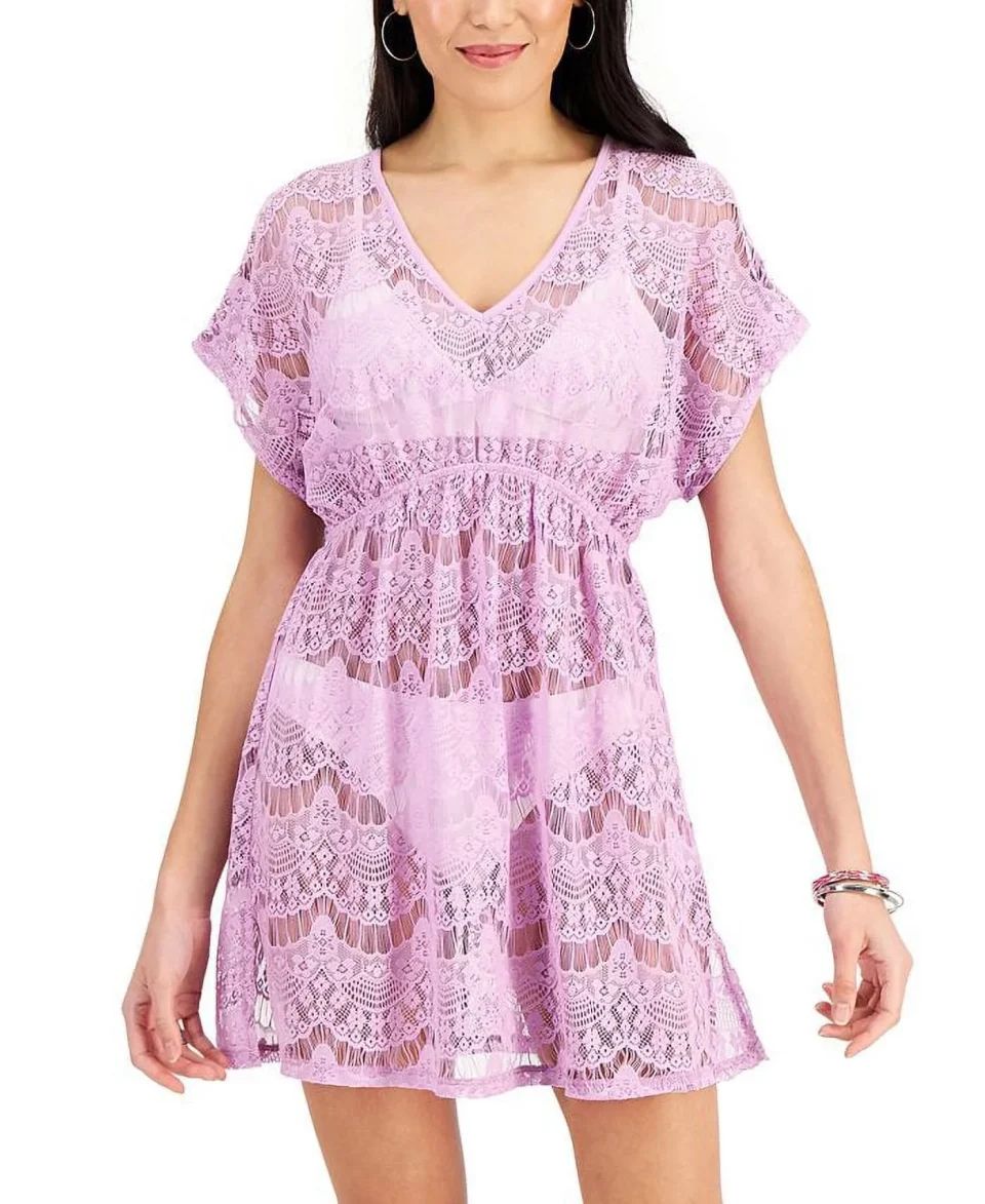 Select Glass Miken Junior's Lace Cold Shoulder Swim Cover Up Swimsuit Purple Size Medium