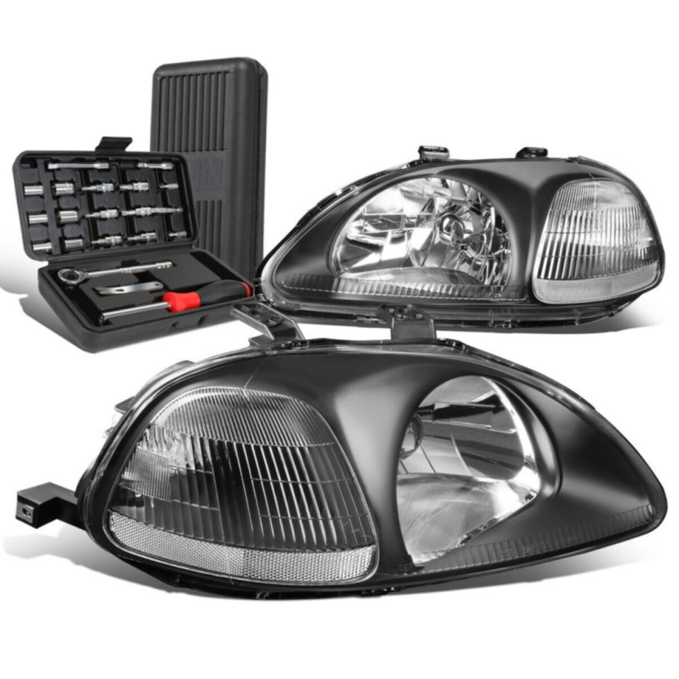 Wooden 1996-1998 Honda Civic Pair Black/Clear Signal Headlight Head Lamp+Tool Box