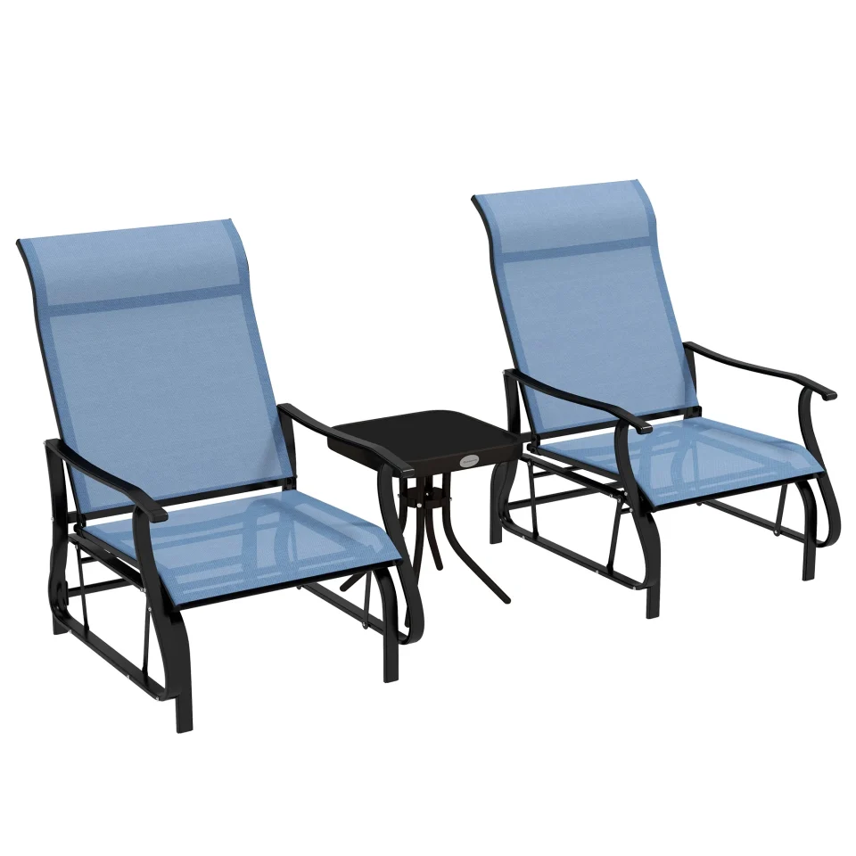 Food-Grade Glossy Homiyad 3-Piece Outdoor Gliders Set Bistro Set with Steel Frame, Tempered Glass Top Table for Patio, Garden, Backyard, Lawn, Light Blue