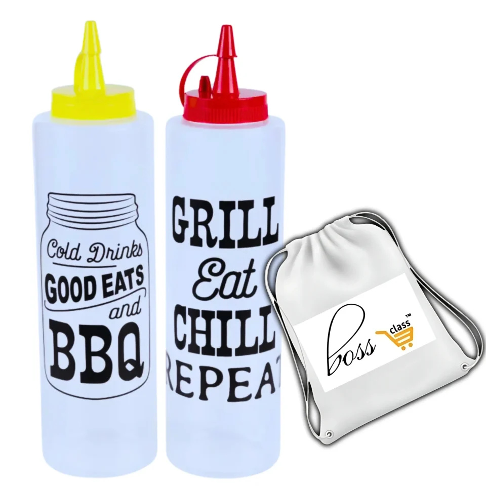 Travel BBQ Slogan Condiment Bottle Dispensers, 8.37x2.25in (Pack of 2) Mustard Ketchup Squeeze Bottles Set Home Kitchen Picnic Cooking Essential Grilling BBQ Sauce Accessory & CUSTOM Storage Carrier