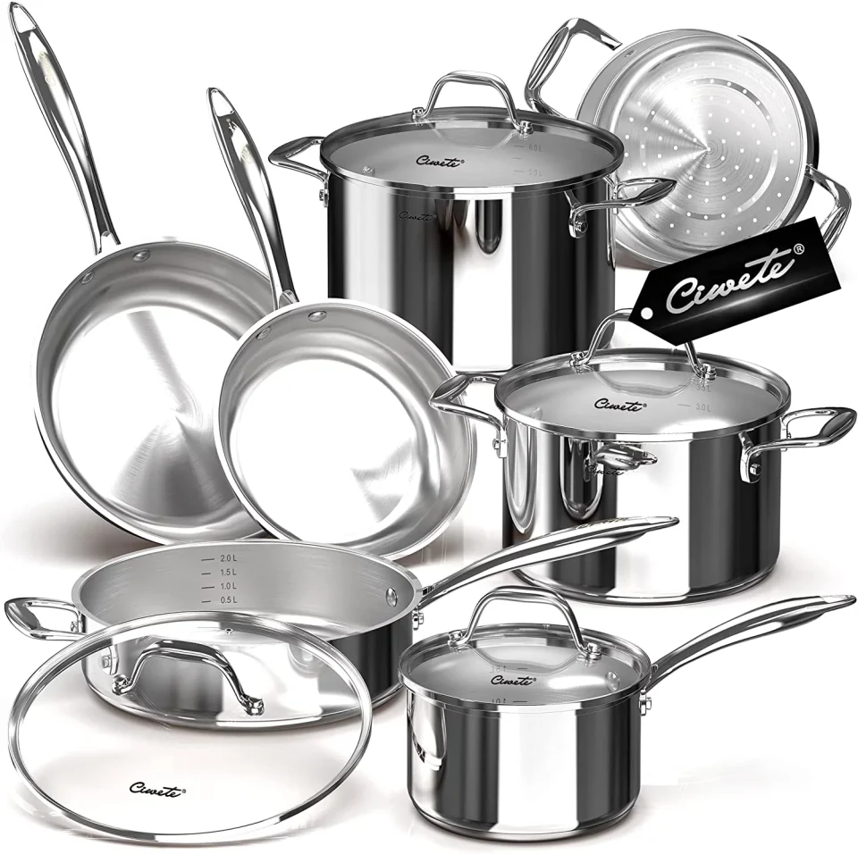 Thickened Easy-Clean Stainless Steel Pots and Pans Set 11-Piece Kitchen Cookware Sets with Steamer Insert 18/10 Stainless Steel Induction Cookware Set with Stay Cool Long Handles Dishwasher Oven Safe