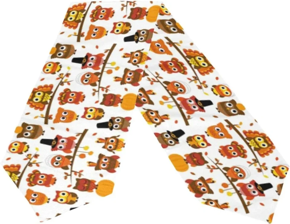 Upgraded GZHJMY Thanksgiving and Autumn Themed Long Table Runner 13x70 Inch, Cute Owl Pattern Polyester Table Cloth Runner for Kitchen Wedding Party Decoration