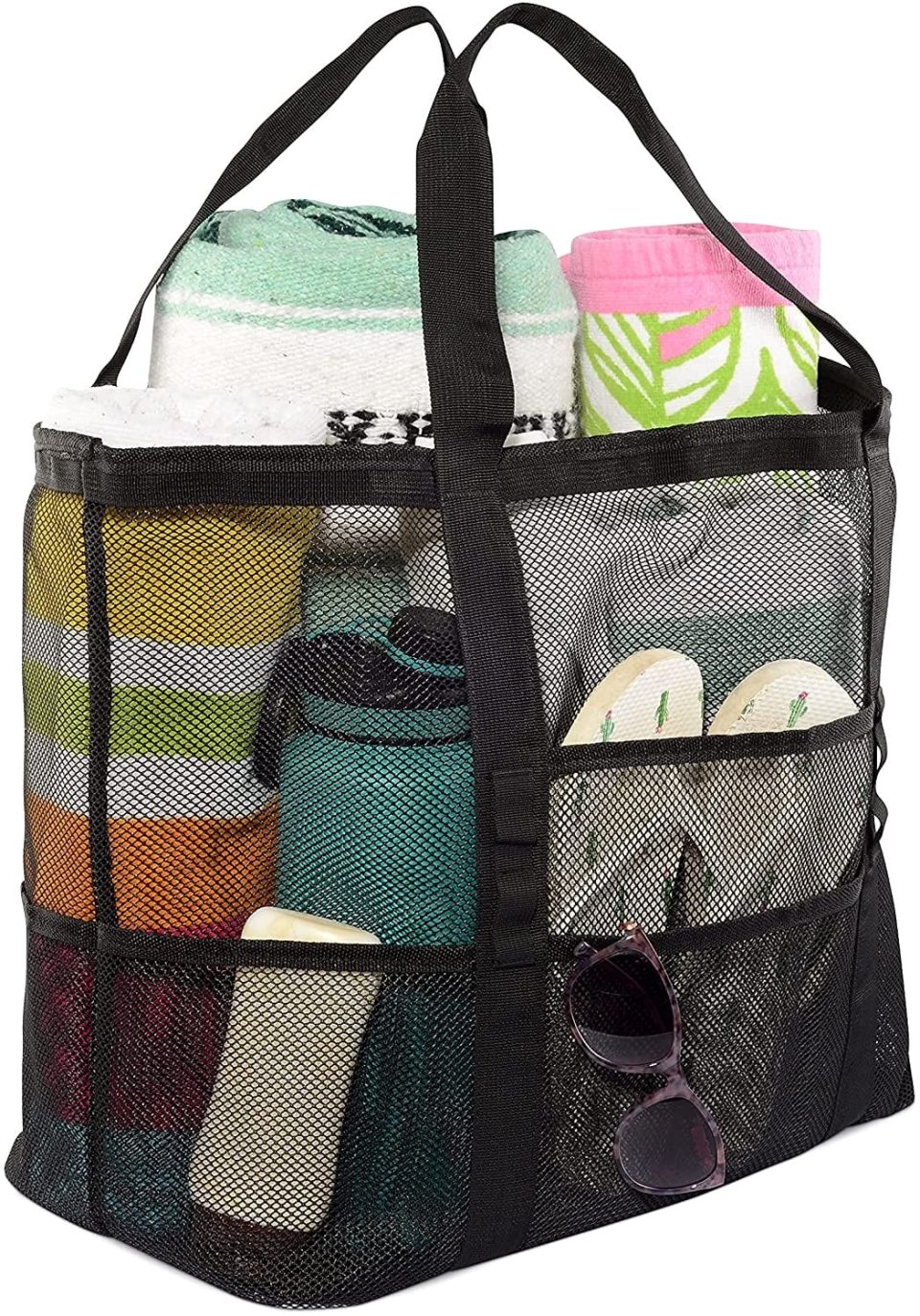 Safe Rolling Nomad - Mesh Net Beach Tote Bag with Inner Pocket Black Pool Tote, Pack of One 24x15x8.5