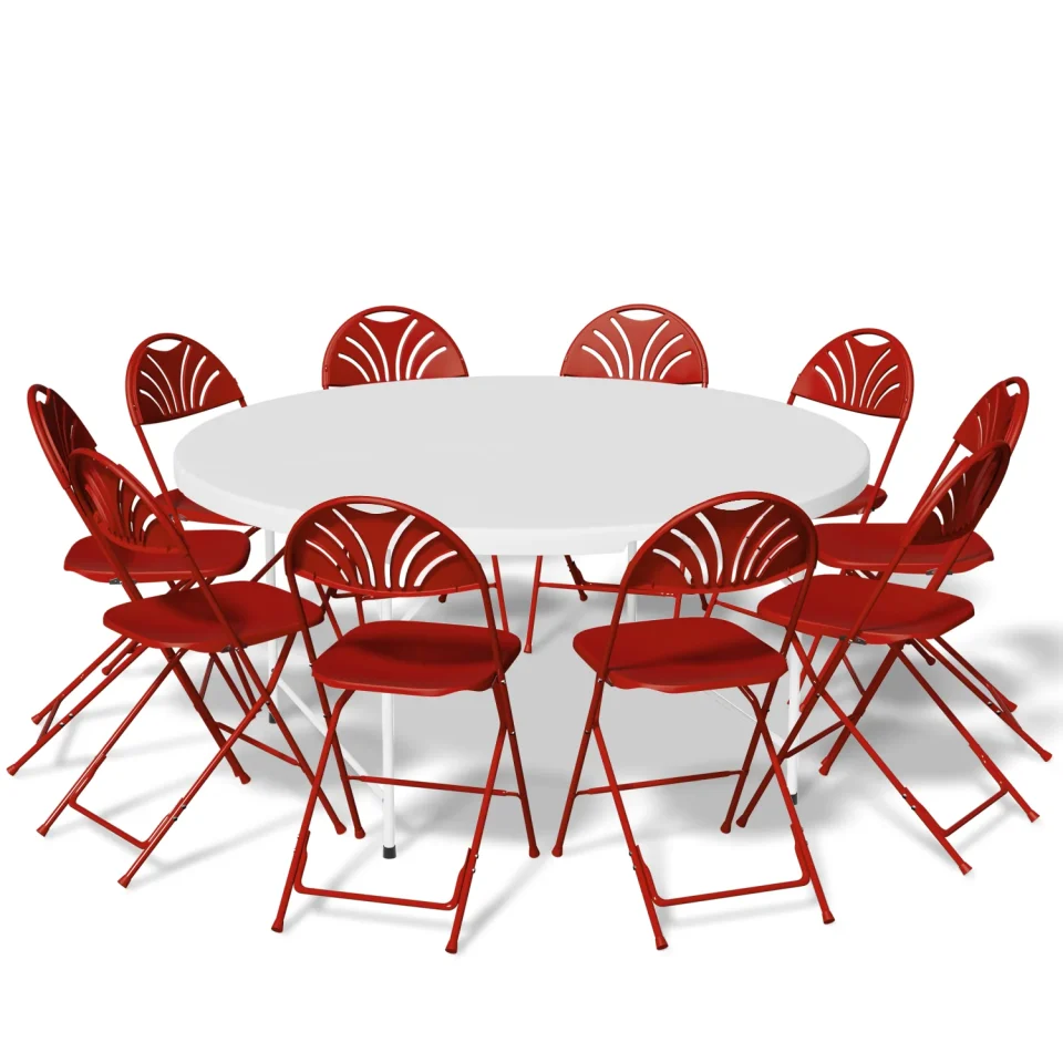 Select Baking MoNiBloom 11-Piece Indoor Folding Dining Table with 10 Red Chairs Set, 4.5 Ft White Foldable Table w/Handle, Picnic Desk