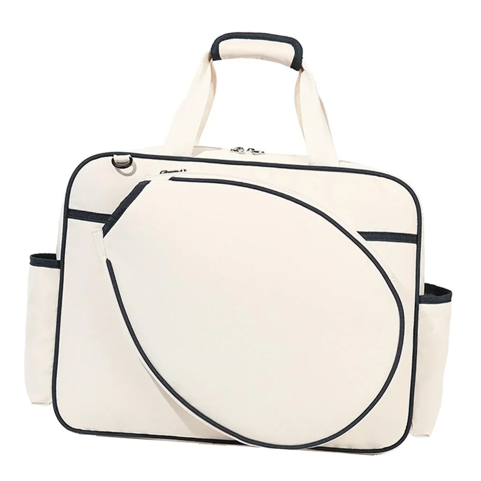 Wooden Tennis Handbag Portable Sport Bag Pickleball Racket Storage Tennis Shoulder Bag Canvas Tennis Racket Bag for Travel Outdoor Sport, White