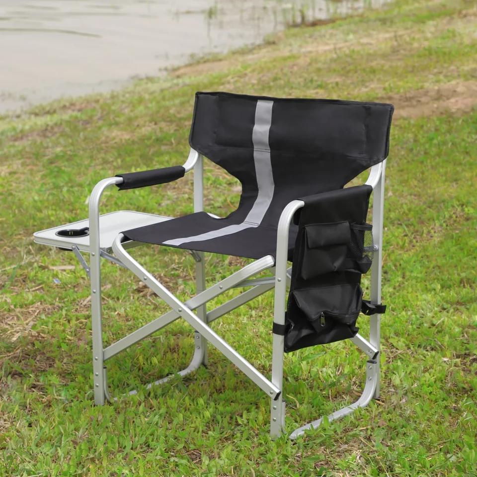 Prime Cast Iron Portable Camping Chair, Folding Chair with Side Table, Cup Holder and Side Pockets, Holds up to 400 lbs, Great for Camping, Camping and Fishing, Black + Gray