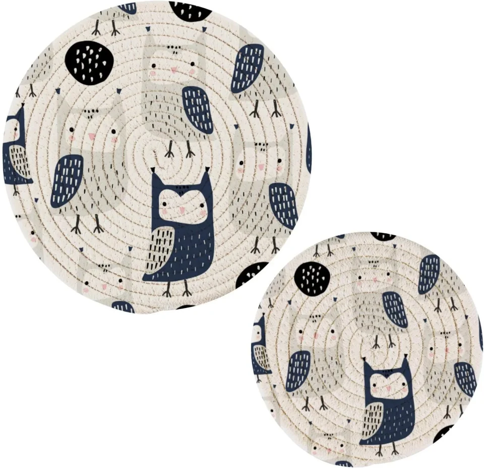 Multi-Purpose Bestwell Cute Owls Cotton Pot Holder Set of 2, Pure Cotton Heat Resistant Wear-Resistant and Non-Slip Stylish Round Pot Holder for Daily Kitchen,Dining Table,Office,Cafe, Restaurant,BBQ