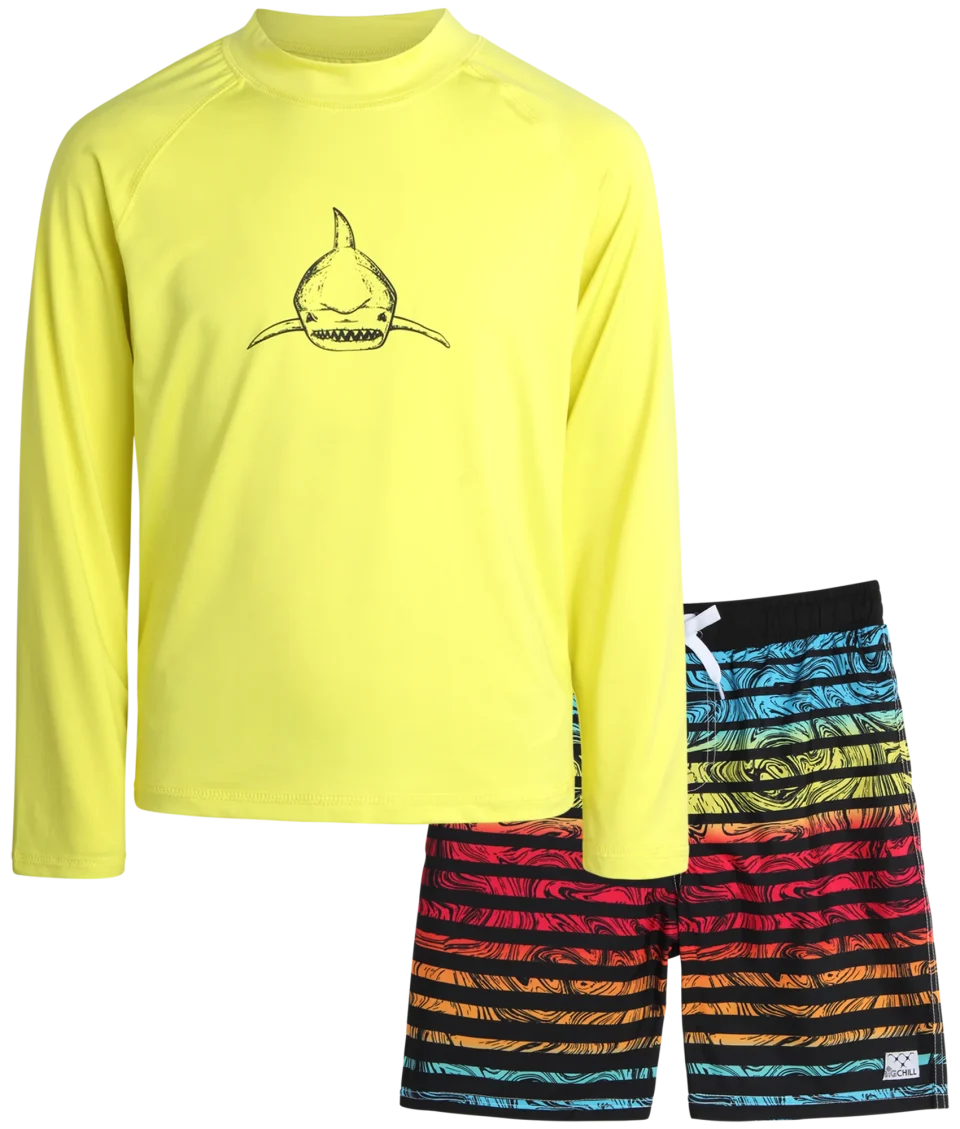 Matte Big Chill Boys Swim Set - Boys Rash Guard Swim Set - UPF 50+ Rash Guard Long Sleeve Swim Shirt Board Short Swim Trunks (5-14)