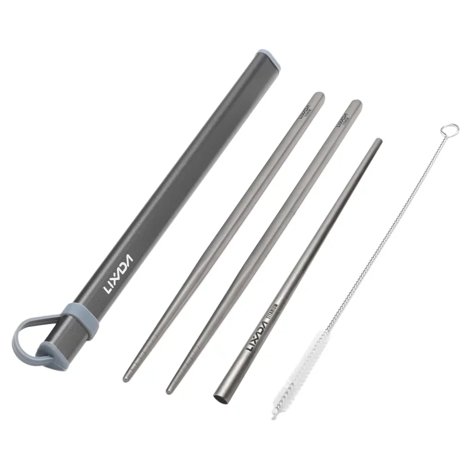 Stainless Steel Top-Rated Lixada Titanium Camping Cutlery Set with Chopsticks Drinking Straw Brush in Aluminum Storage Tube for Outdoor Traveling
