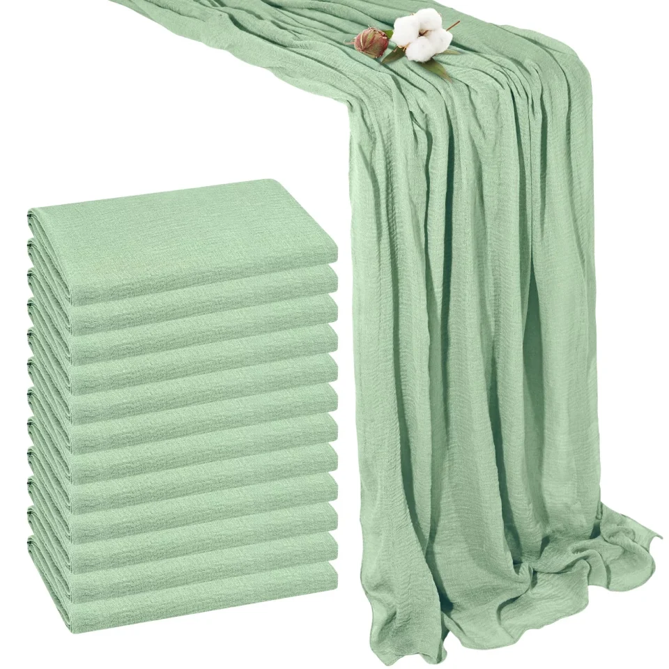 Wooden 12 Pack Sage Green Cheesecloth Table Runner 10Ft Cheese Cloth Gauze Tablecloth 35 x 120 Inches Boho Rustic Sheer Runner for Wedding Reception Bridal Baby Shower Party Cake Table Decorations