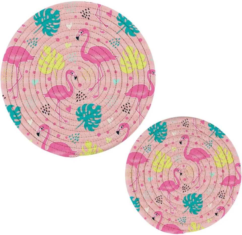 Food-Grade Bestwell Pink Tropical Flamingo Cotton Pot Holder Set of 2, Pure Cotton Heat Resistant Wear-Resistant and Non-Slip Stylish Round Pot Holder for Daily Kitchen,Dining Table,,Cafe, Restaurant,BBQ